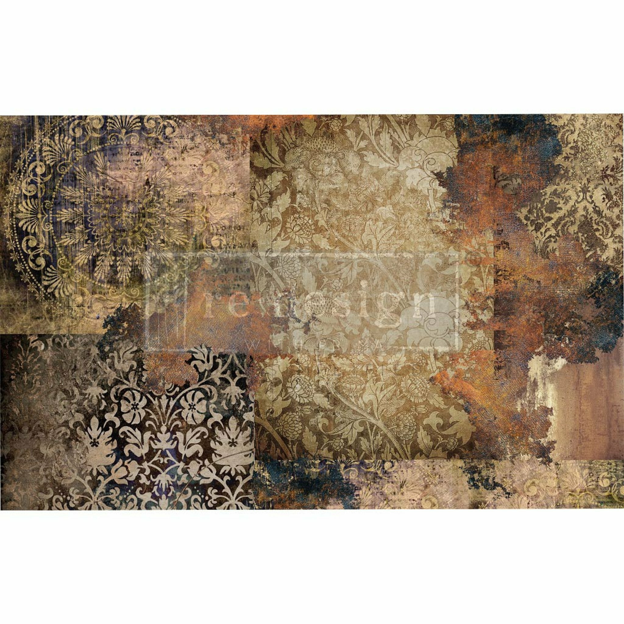 Tissue paper design that features a collage of weathered vintage damask patterns. White borders are on the top and bottom.
