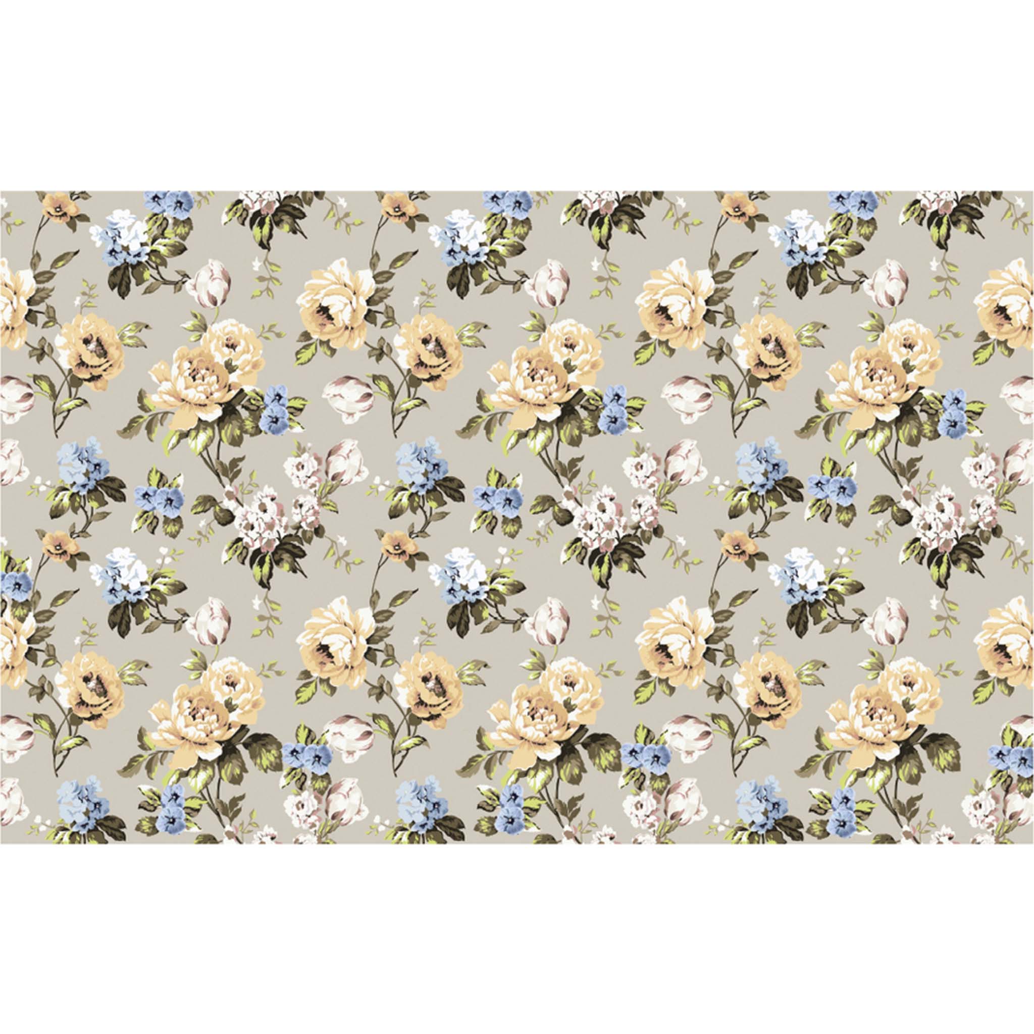 yellow, blue and white flowers painted against a beige background.