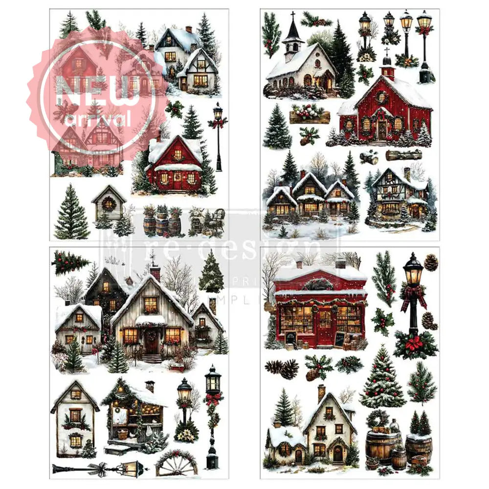 Four sheets of small rub-on transfers featuring delightful village scenes are filled with cozy buildings, twinkling Christmas trees, glowing lampposts, and more winter wonders are against a white background.
