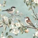 Close-up of Whispering Wings A3 fiber decoupage paper showing detailed birds, white blossoms, and leafy branches on pale blue