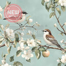 Close-up of Whispering Wings A3 fiber decoupage paper showing detailed birds, white blossoms, and leafy branches on pale blue