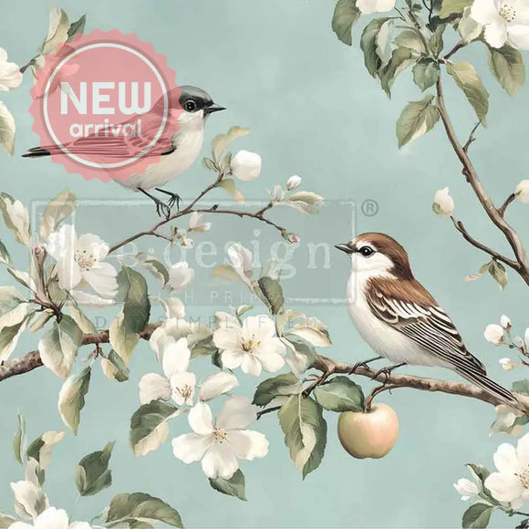 Close-up of Whispering Wings A3 fiber decoupage paper showing detailed birds, white blossoms, and leafy branches on pale blue