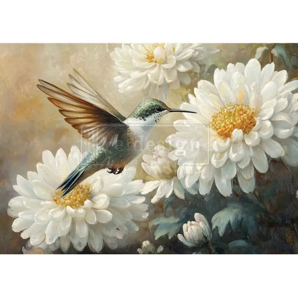 Full sheet of ReDesign with Prima Whispers of the Garden A3 fiber decoupage paper hummingbird and white garden flowers design