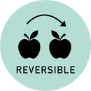 A mint green circle against a white background has 2 black apples that are mirrored to each other. Above the apples is an arched arrow pointing to the right; under the apples reads: Reversible.
