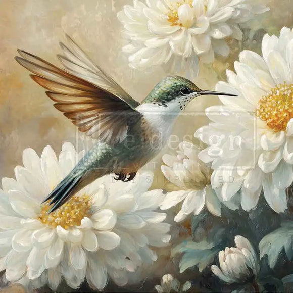 ReDesign with Prima Whispers of the Garden A3 fiber decoupage paper closeup with hummingbird and soft white florals