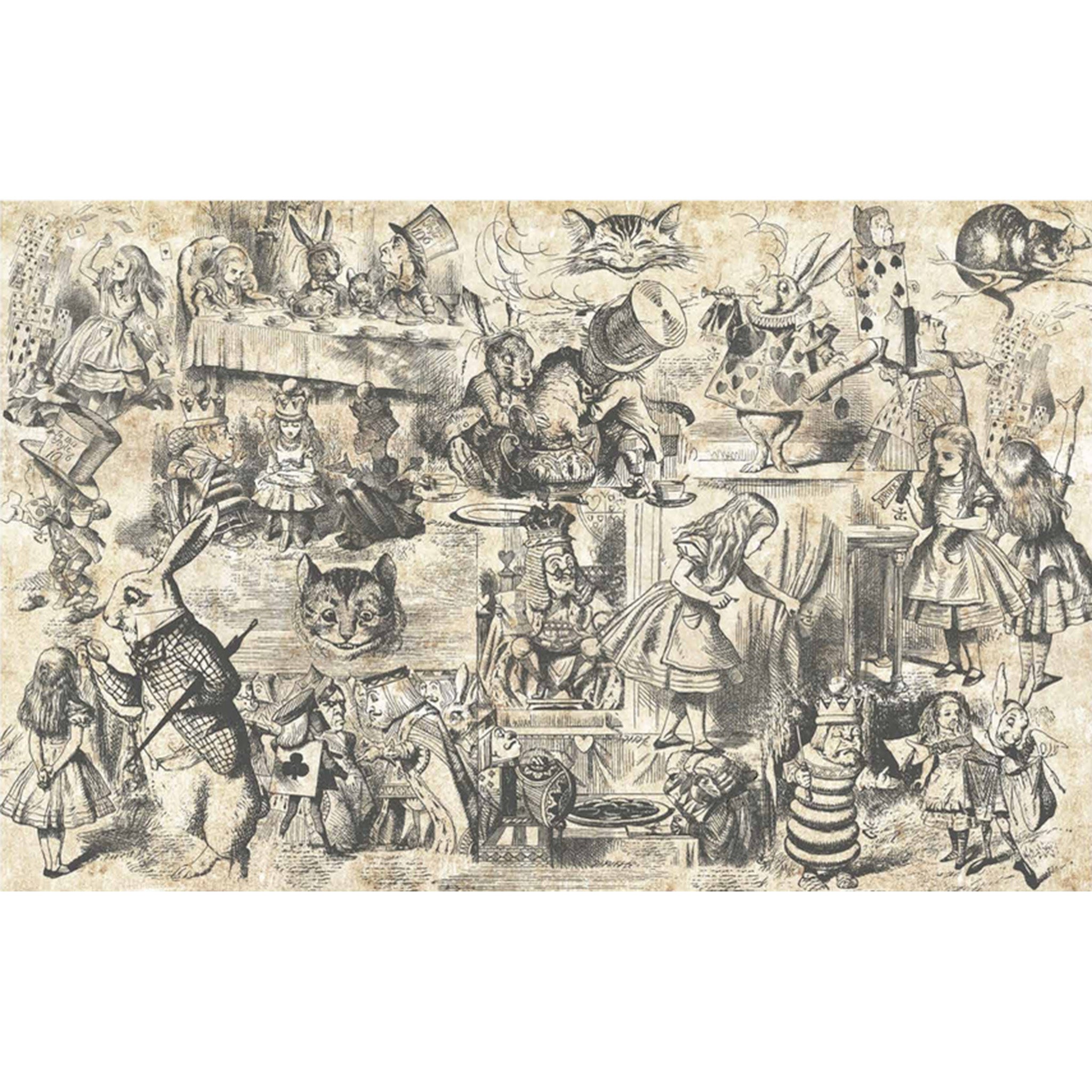 Tissue paper design that features black and sepia tone sketches of classic scenes from Alice in Wonderland is against a white background.