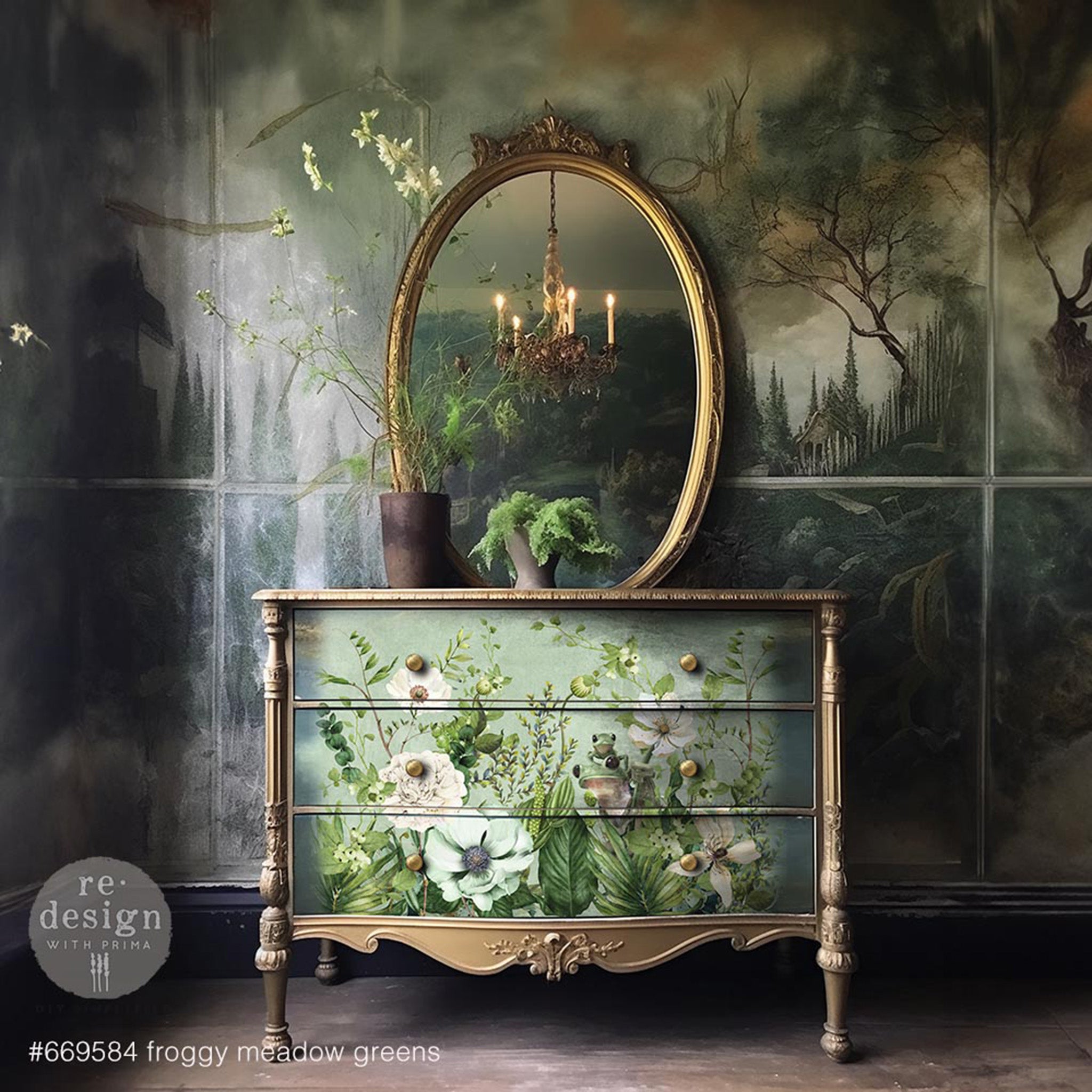 A vintage 3-drawer dresser with an oval mirror is painted gold and features ReDesign with Prima's Froggy Meadow Greens fiber paper on the drawers.