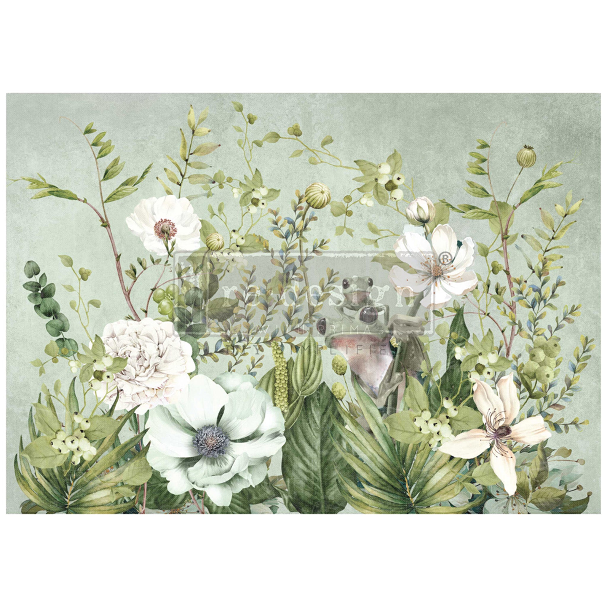 Fiber paper design featuring a soft green background adorned with tree frogs hidden in bursts of cream colored flowers and greenery is against a white background.