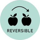 A mint green circle against a white background has 2 black apples that are mirrored to each other. Above the apples is an arched arrow pointing to the right; under the apples reads: Reversible.