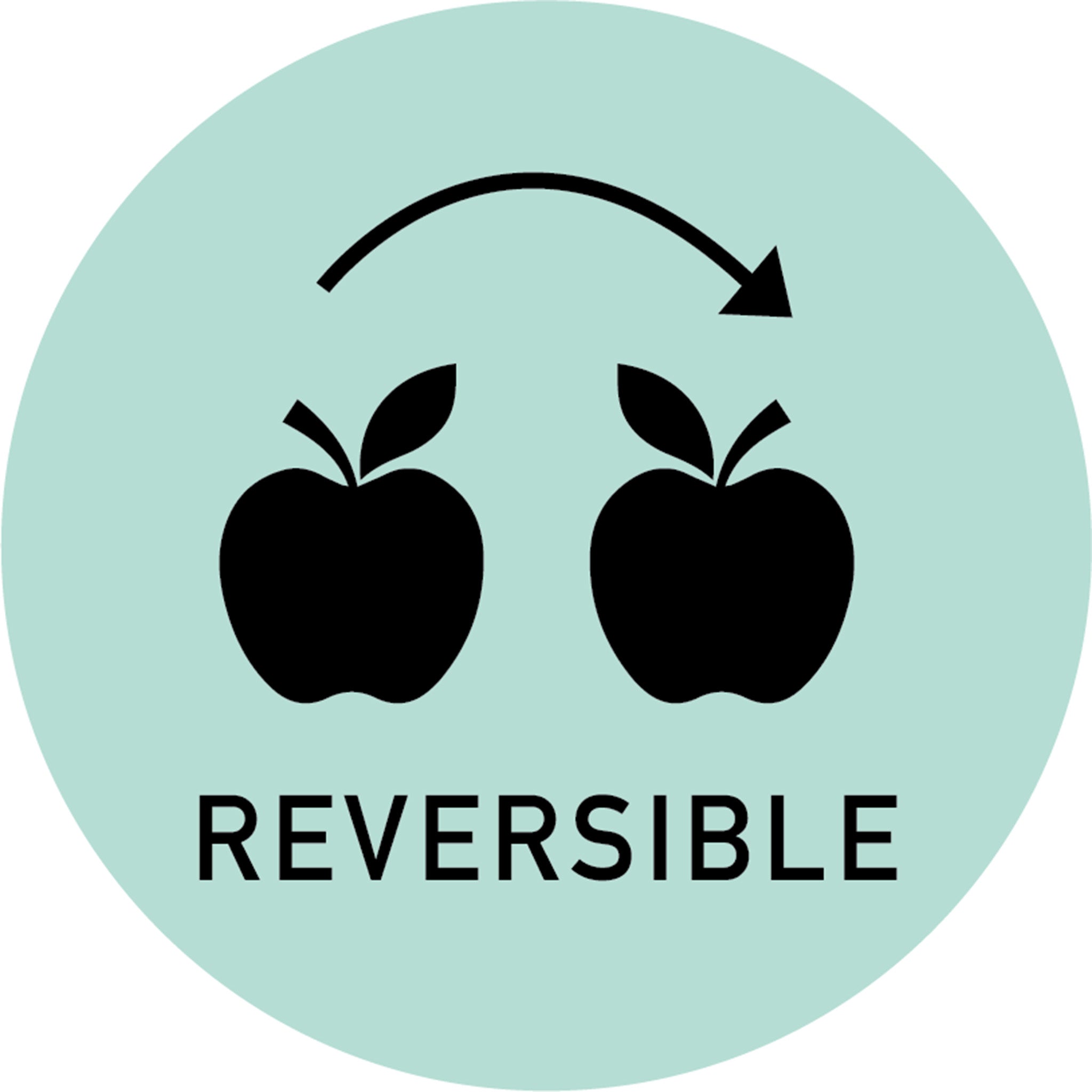 A mint green circle against a white background has 2 black apples that are mirrored to each other. Above the apples is an arched arrow pointing to the right; under the apples reads: Reversible.