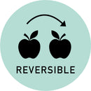 A mint green circle against a white background has 2 black apples that are mirrored to each other. Above the apples is an arched arrow pointing to the right; under the apples reads: Reversible.