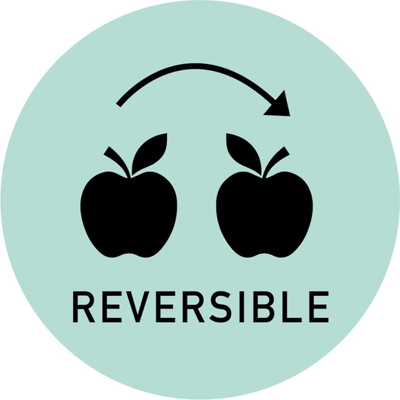 A mint green circle against a white background has 2 black apples that are mirrored to each other. Above the apples is an arched arrow pointing to the right; under the apples reads: Reversible.
