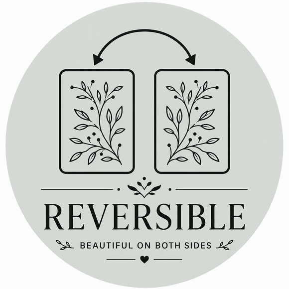 Circular reversible badge showing two paper sheets with matching mirrored botanical designs and arrows above, indicating the design can be used on both sides.