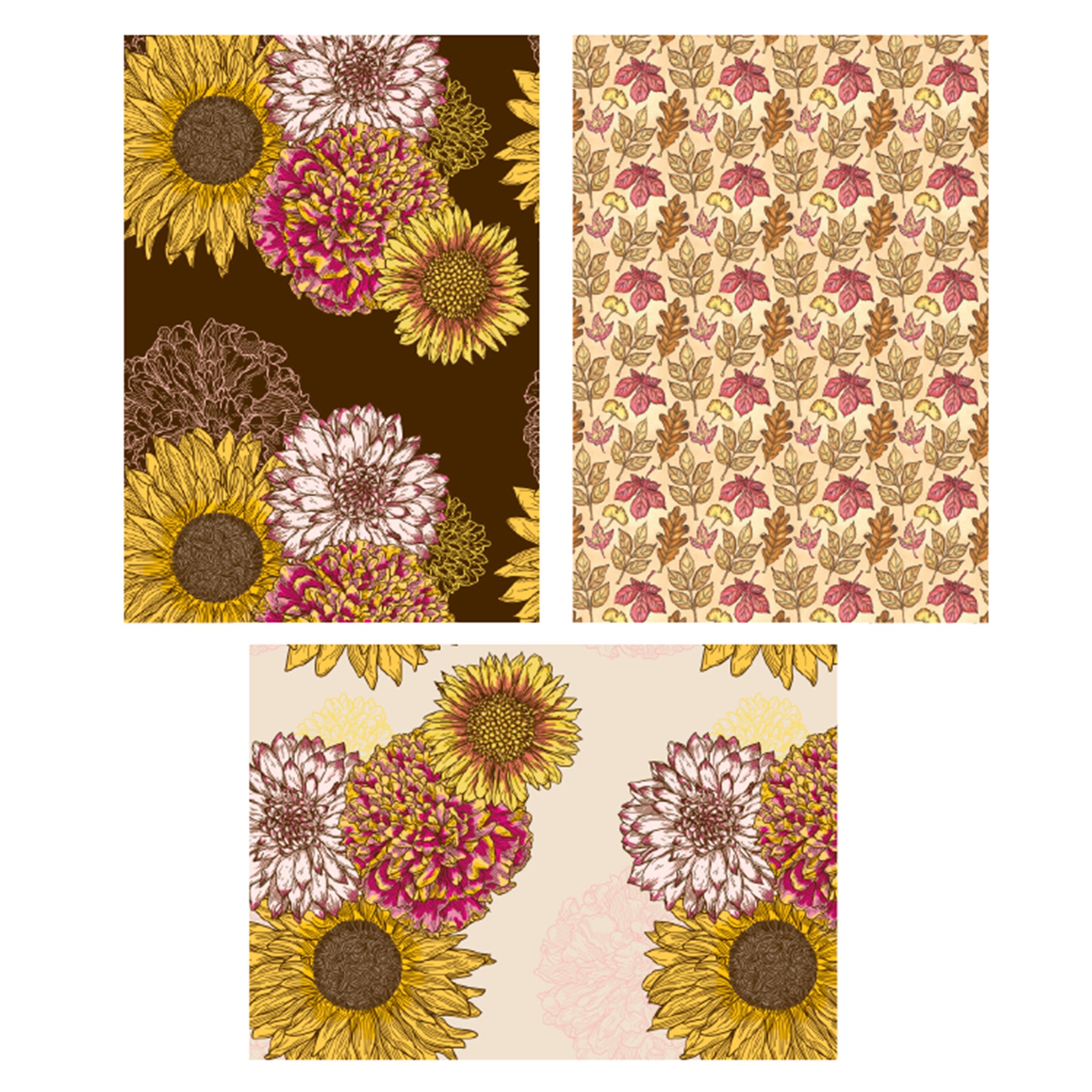 Three sheets of rice papers against a white background feature fall inspired designs of leaves, sunflowers, and other flowers.