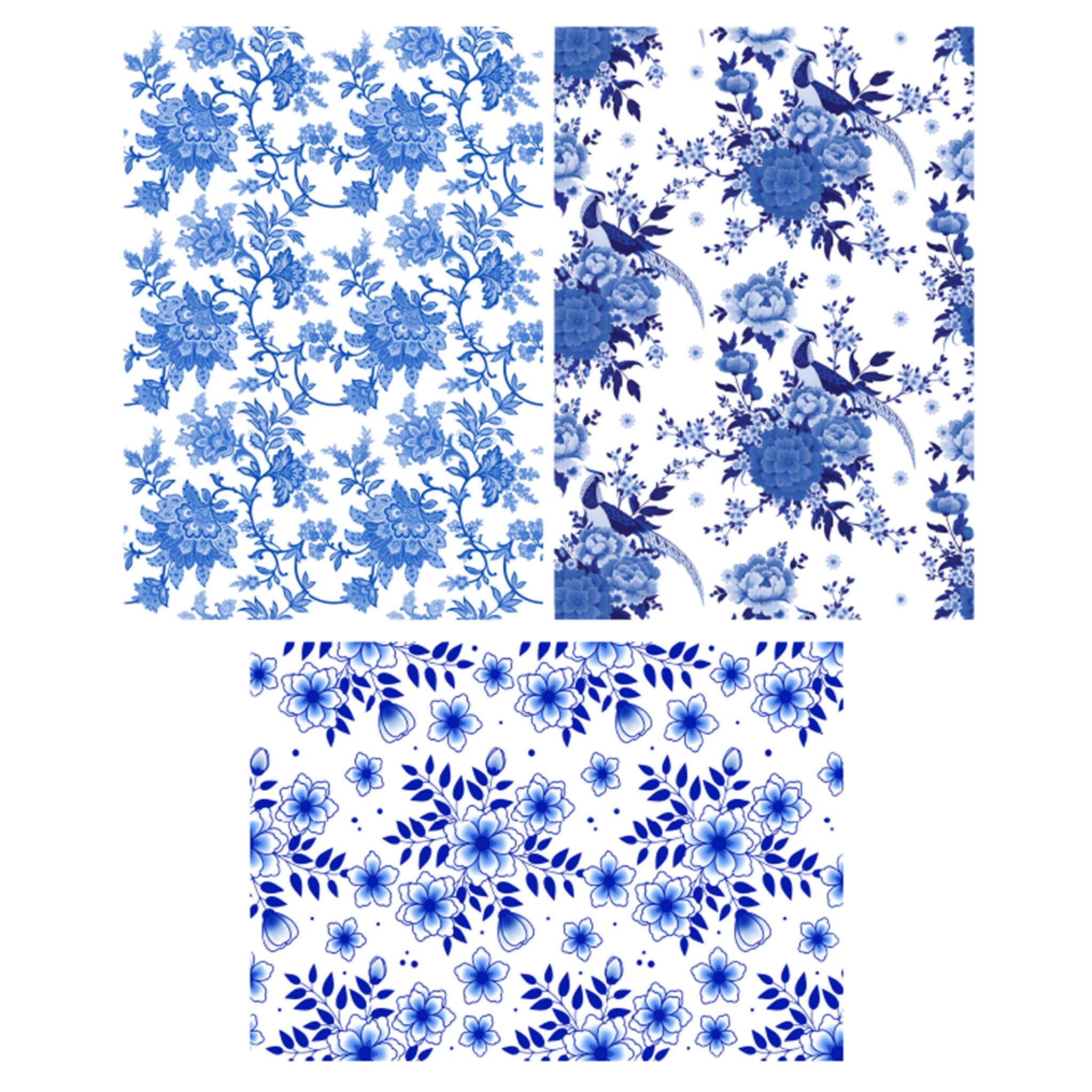 Three sheets of 3 papers against a white background feature soft blue repeating floral patterns, each with a different design.