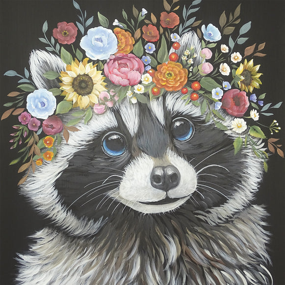 Close-up of a rice paper design featuring a playful raccoon donning a floral crown and striking blue eyes.