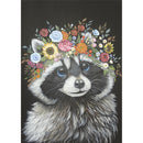 Rice paper design featuring a playful raccoon donning a floral crown and striking blue eyes. White borders are on the sides.