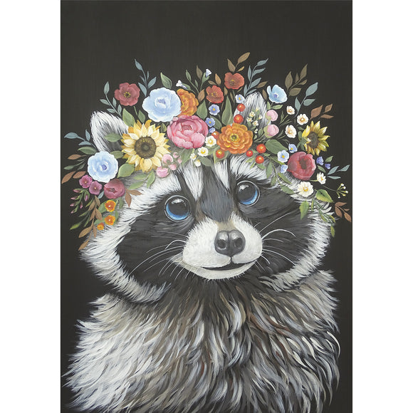 Rice paper design featuring a playful raccoon donning a floral crown and striking blue eyes. White borders are on the sides.