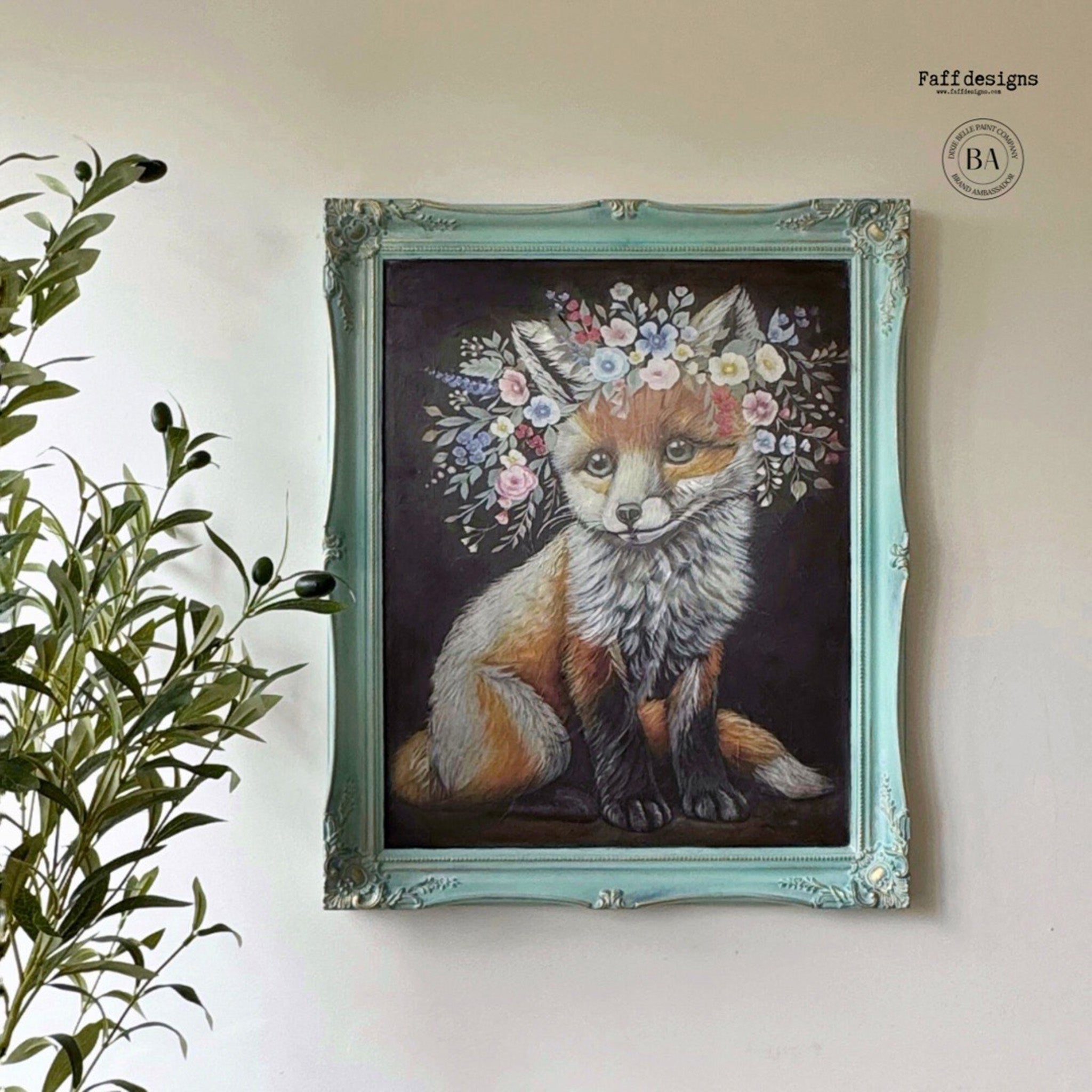 A light green picture frame refurbished by Faff Designs features Belles & Whistles' Floraison Fox rice decoupage paper in it.