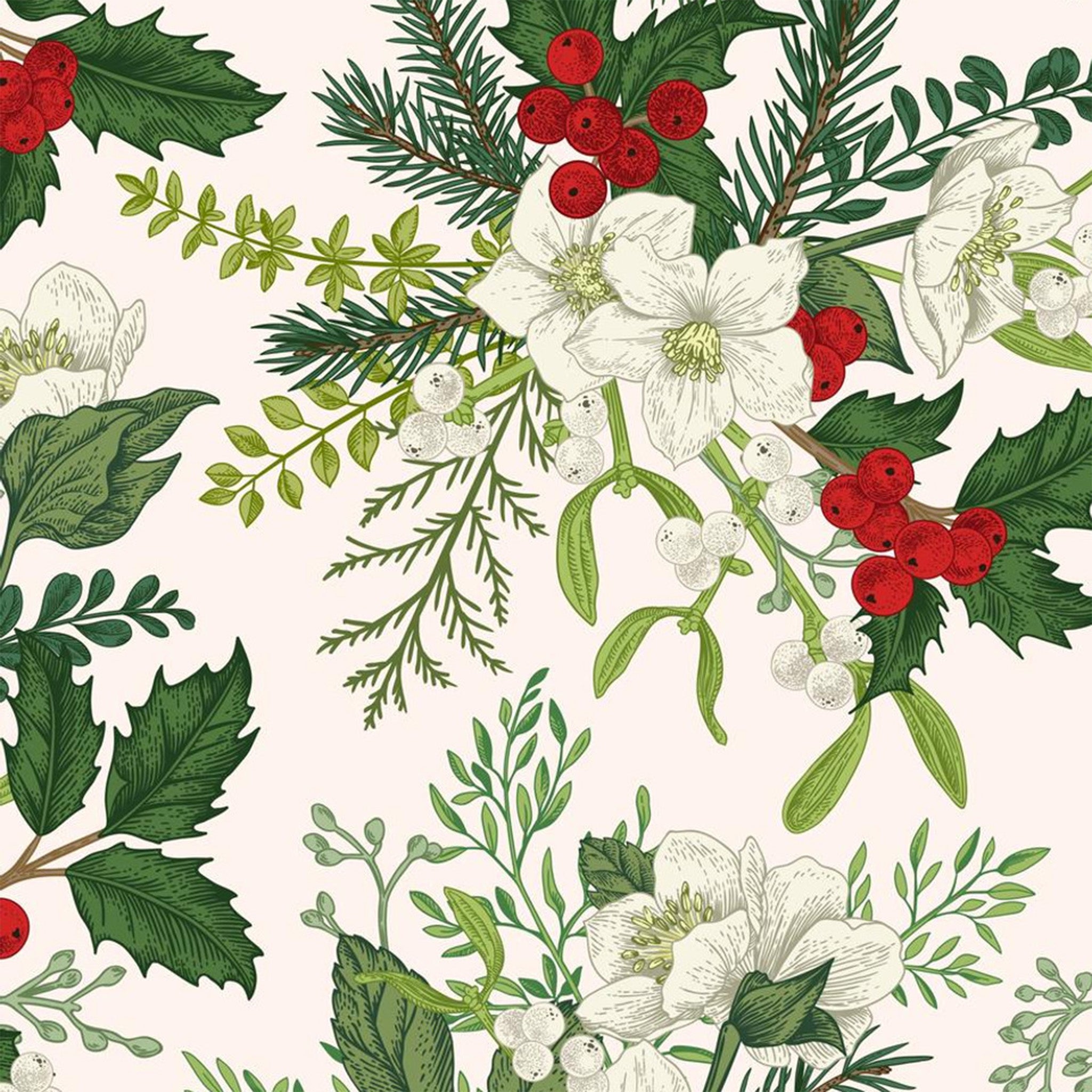 Close-up of a rice paper design that features a repeating design of white holly flower and red berry bundles against a white background.