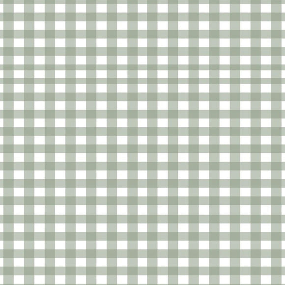 Close-up of a rice paper design that features a repeating light sage green gingham plaid pattern.