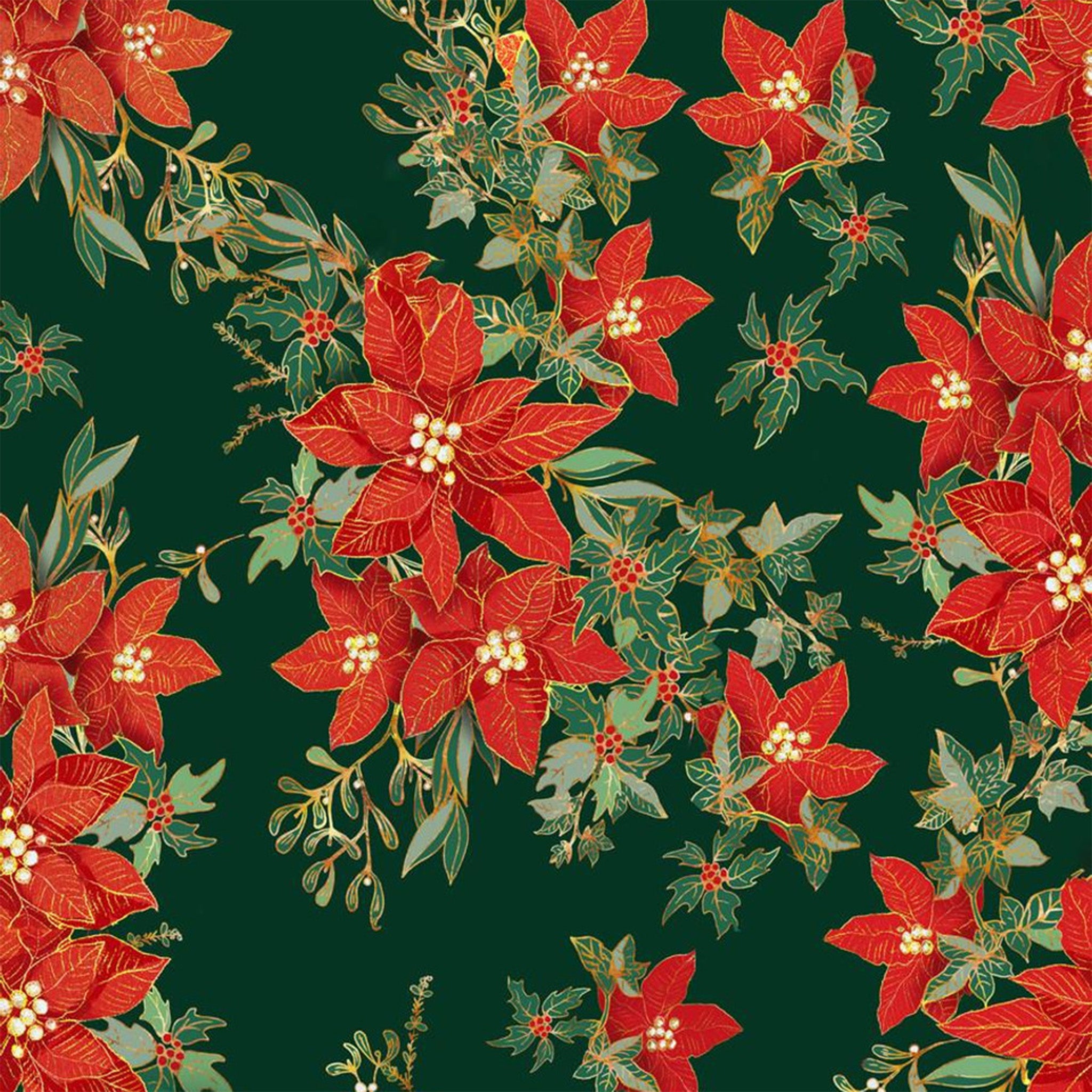 Close-up of a rice paper design that features a continuous design of red and green Christmas holly flowers against a dark green background.