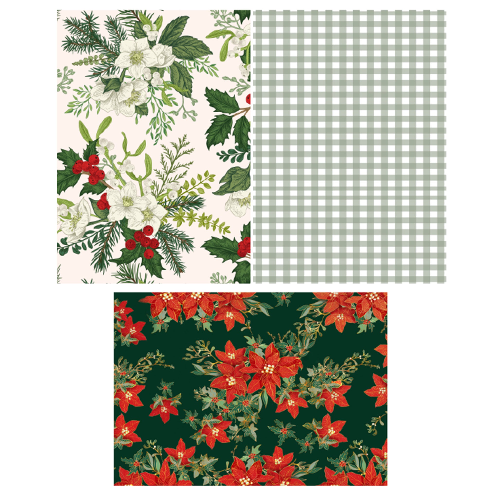 Three sheets of rice papers are against a white background and feature 2 poinsettia designs and a light gingham pattern.