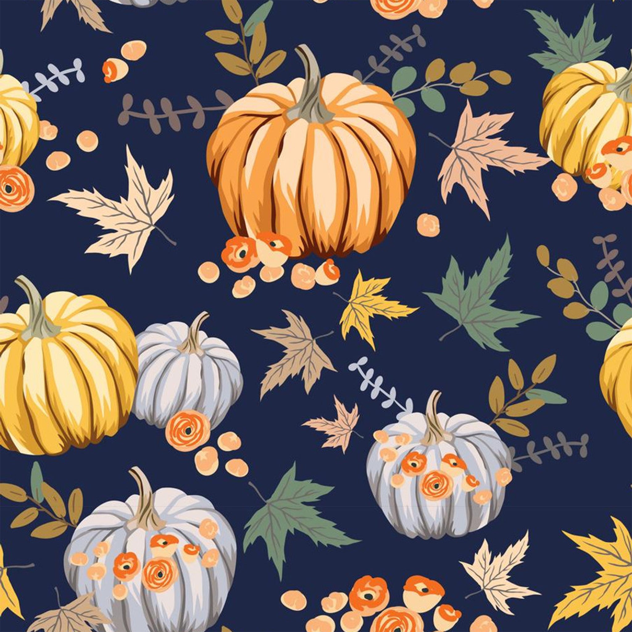 Close-up of a rice paper that features a repeating pattern of orange, yellow, and white pumpkins, and fall leaves and small orange flowers against a blue background.