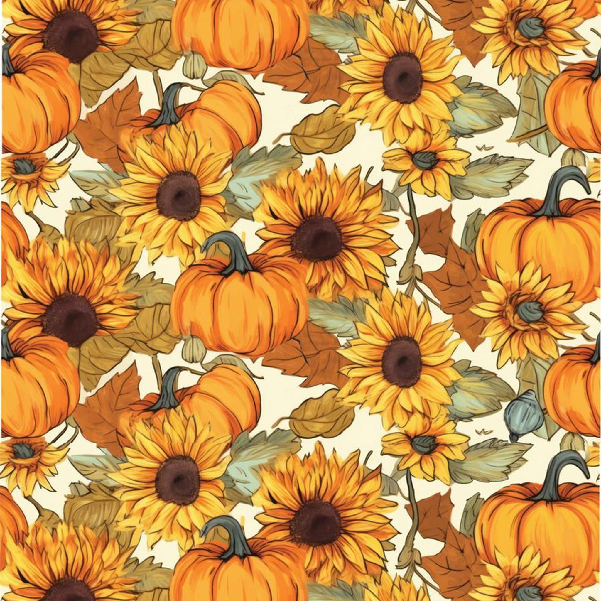 Close-up of a rice paper that features a repeating pattern of autumn sunflowers, pumpkins, and leaves.