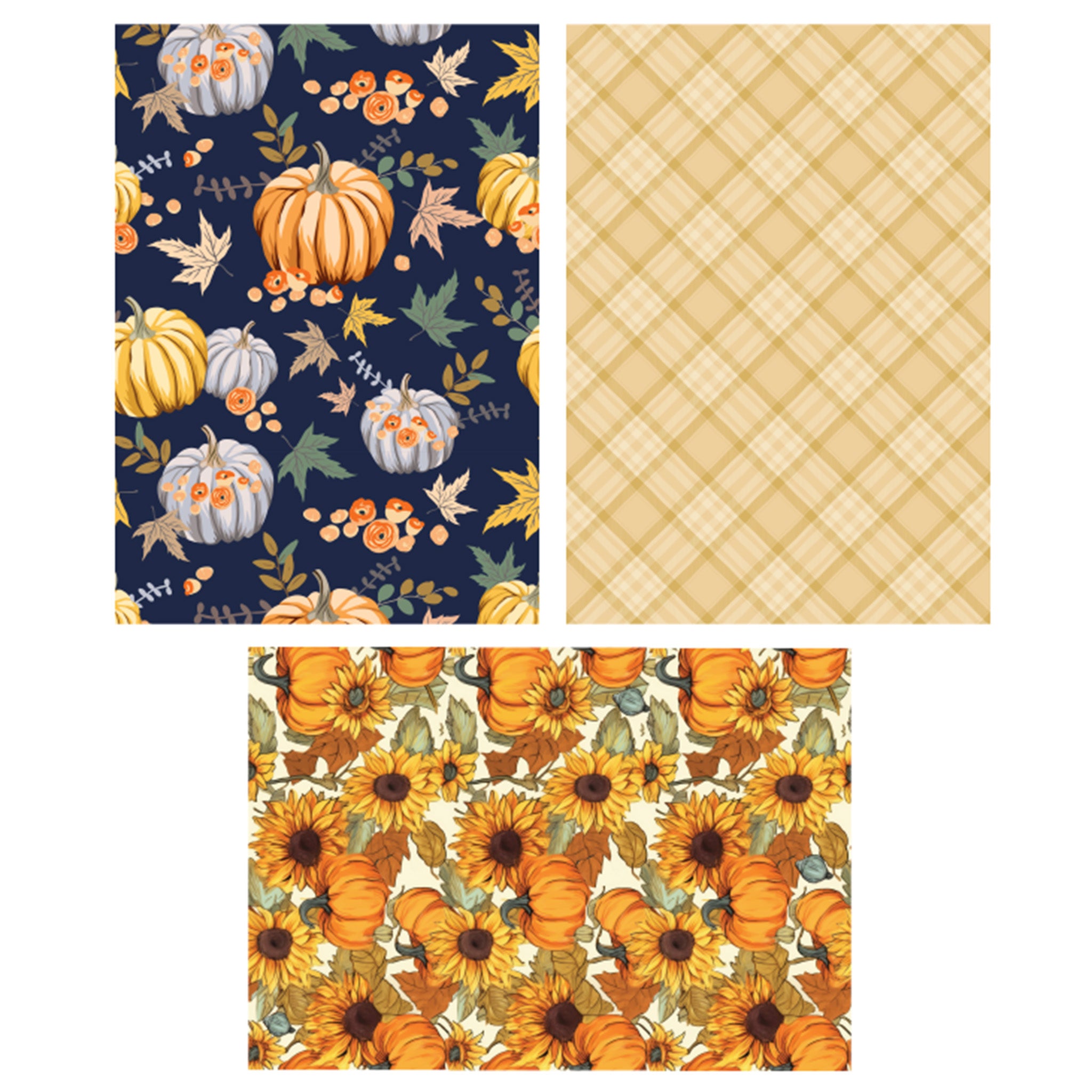 Three rice papers against a white background feature unique fall designs including plaid, pumpkins, and sunflowers. 