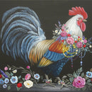 Close-up of a rice paper that features a strutting rooster adorned with a jeweled floral collar.