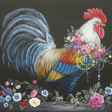 Close-up of a rice paper that features a strutting rooster adorned with a jeweled floral collar.