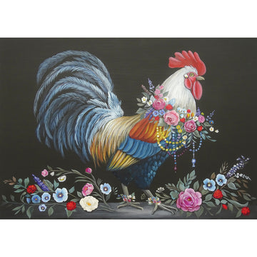 Rice paper that features a strutting rooster adorned with a jeweled floral collar. White borders are on the top and bottom.