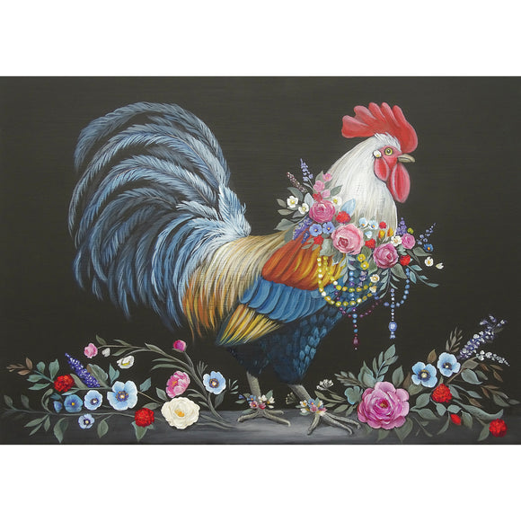Rice paper that features a strutting rooster adorned with a jeweled floral collar. White borders are on the top and bottom.