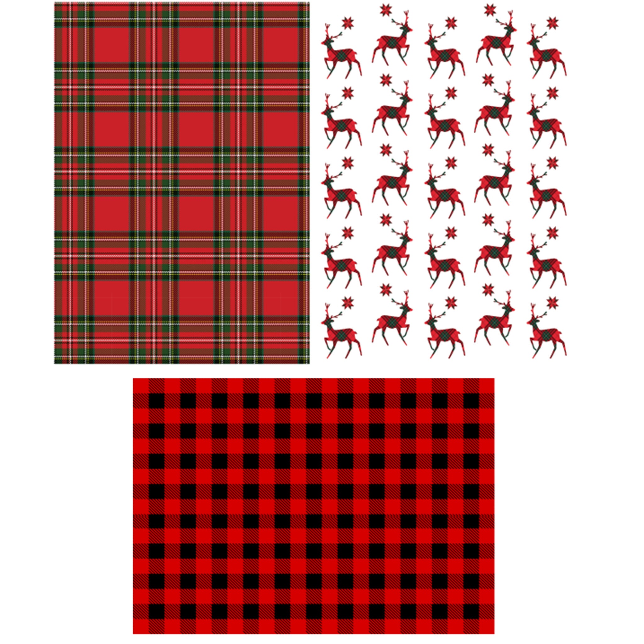 Three sheets of rice paper are against a white background and feature 2 Christmas plaids and reindeer in plaid.