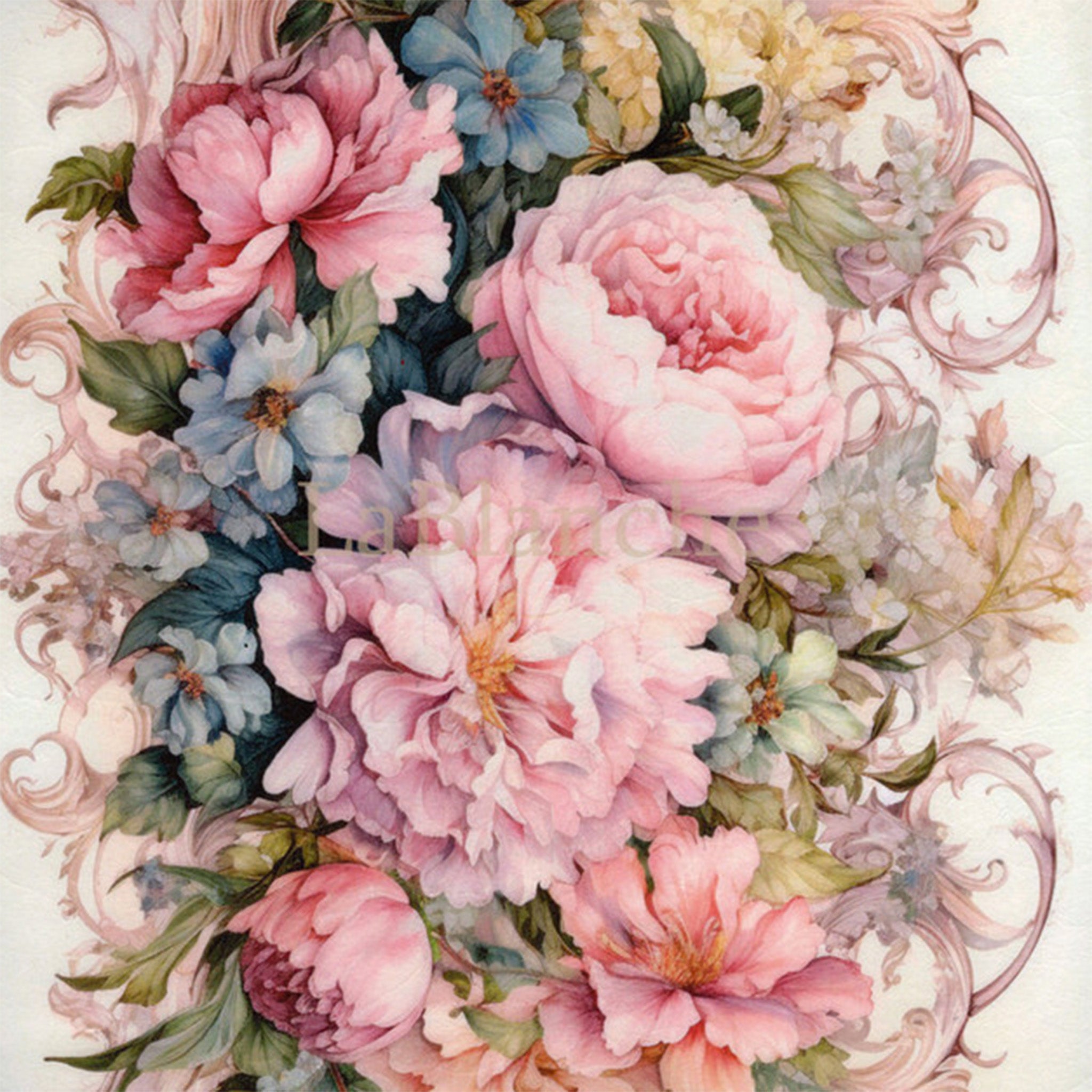 Close-up of a rice paper design that features a stunning bouquet of blooms in shades of pink, cream, and blue. 