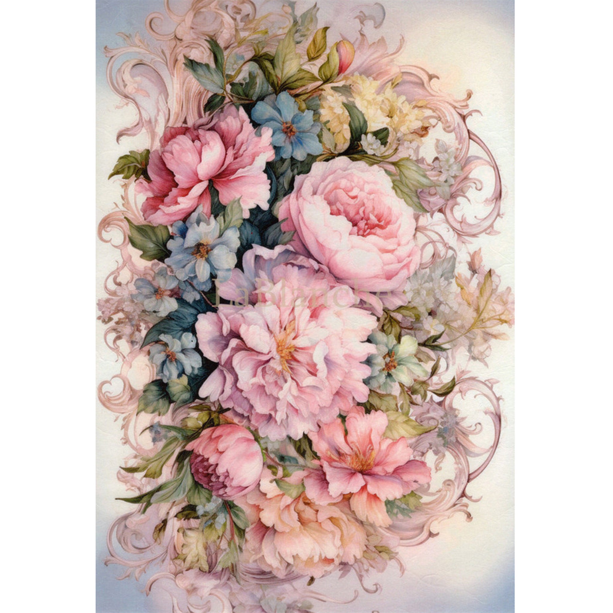 Rice paper design that features a stunning bouquet of blooms in shades of pink, cream, and blue. White borders are on the sides.