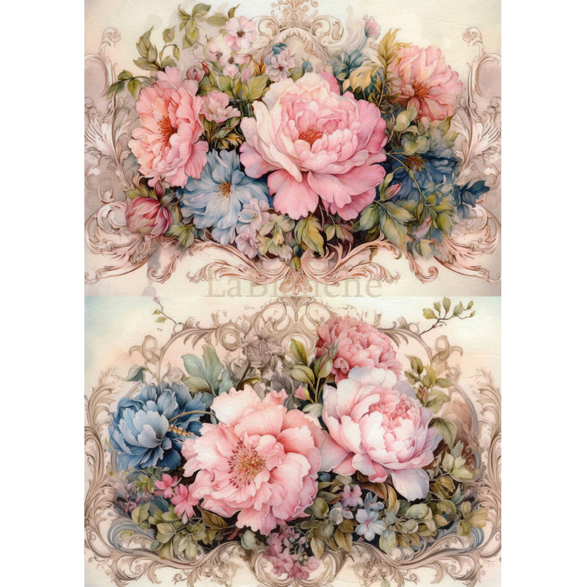 Rice paper design that features two delightful designs of beautiful bouquets in shades of pink, cream, and blue. White borders are on the sides.