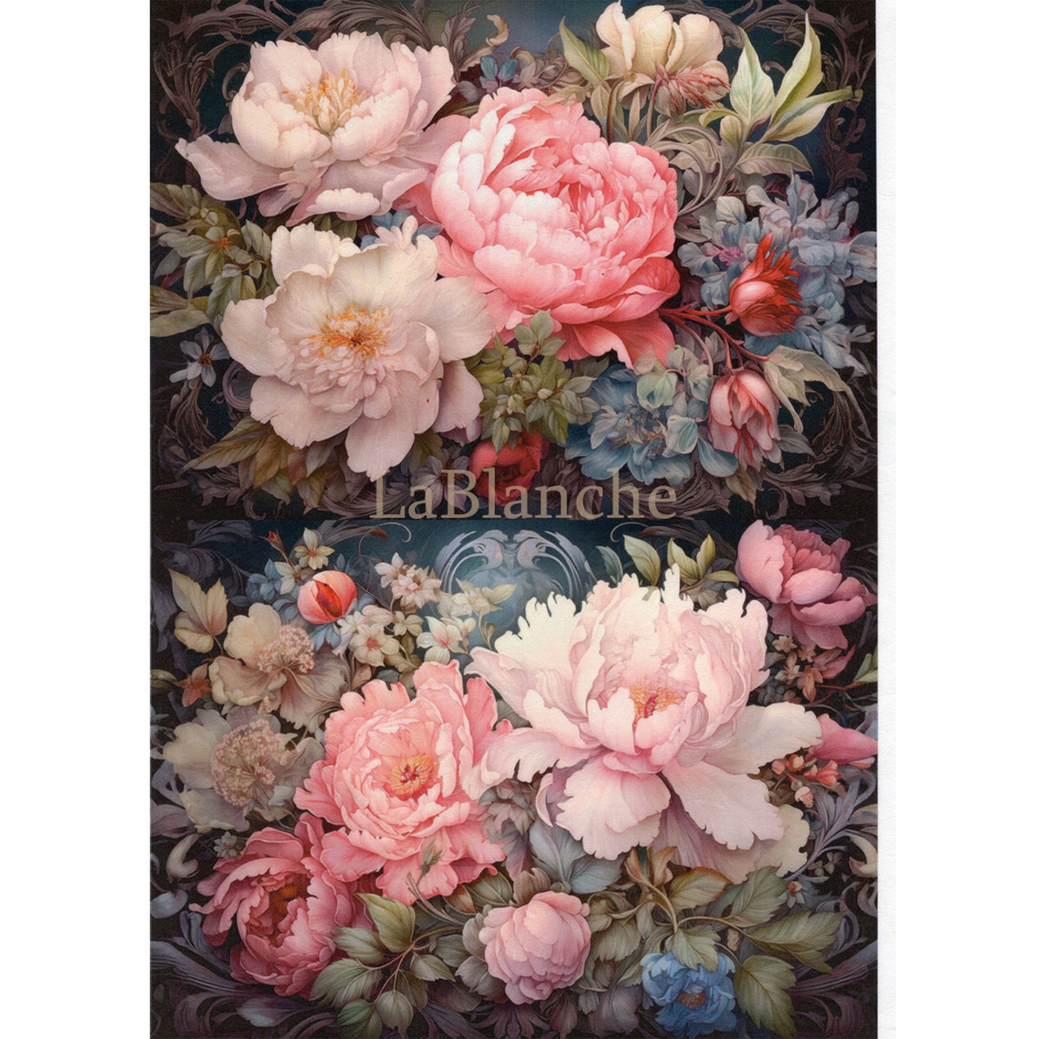 Rice paper design that features two stunning floral designs, showcasing large clusters of flowers in shades of pink, cream, and blue against a dramatic black backdrop.  White borders are on the sides.