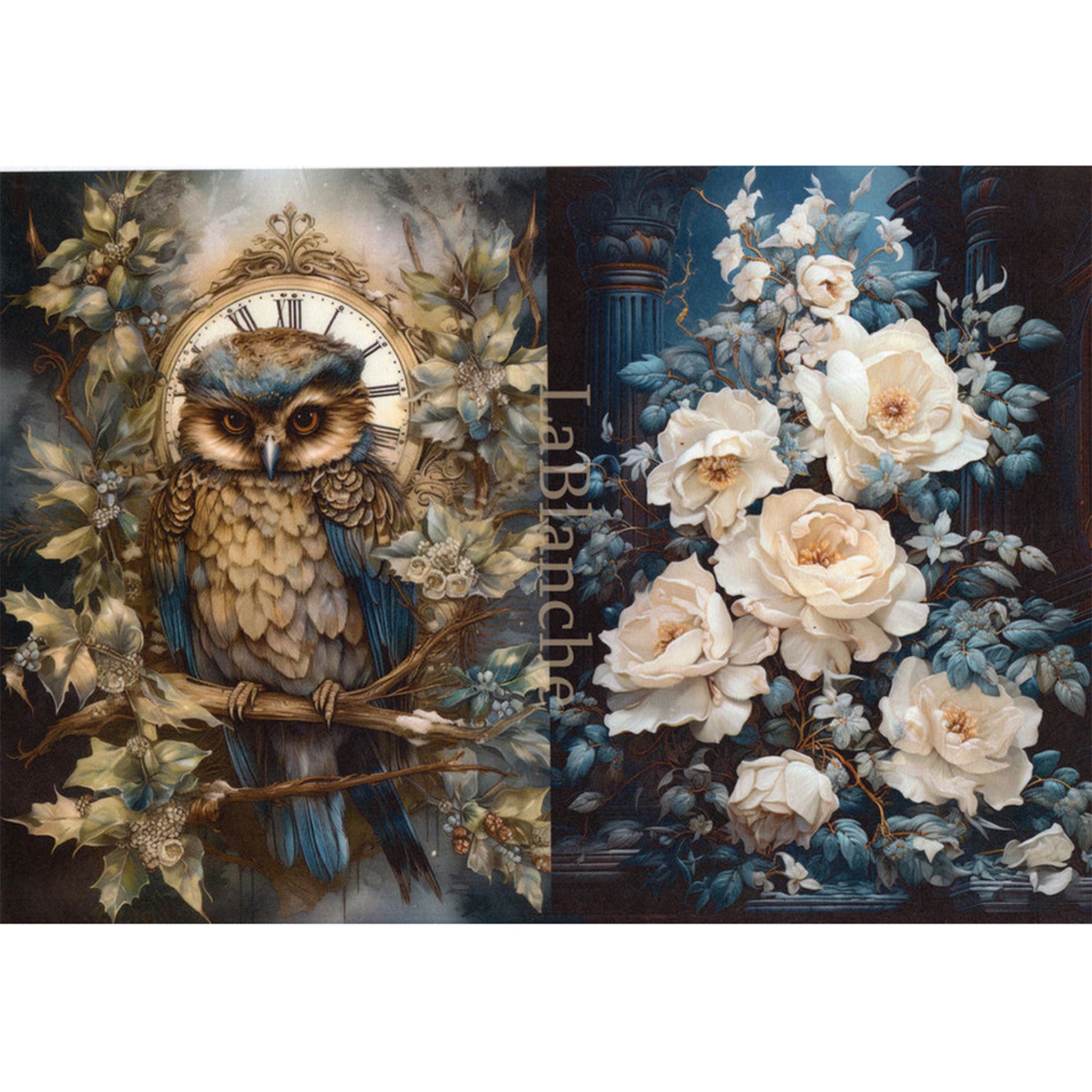 Rice paper design that features two designs on one sheet - a majestic owl surrounded by branches and creamy roses against a blue background. White borders are on the top and bottom.