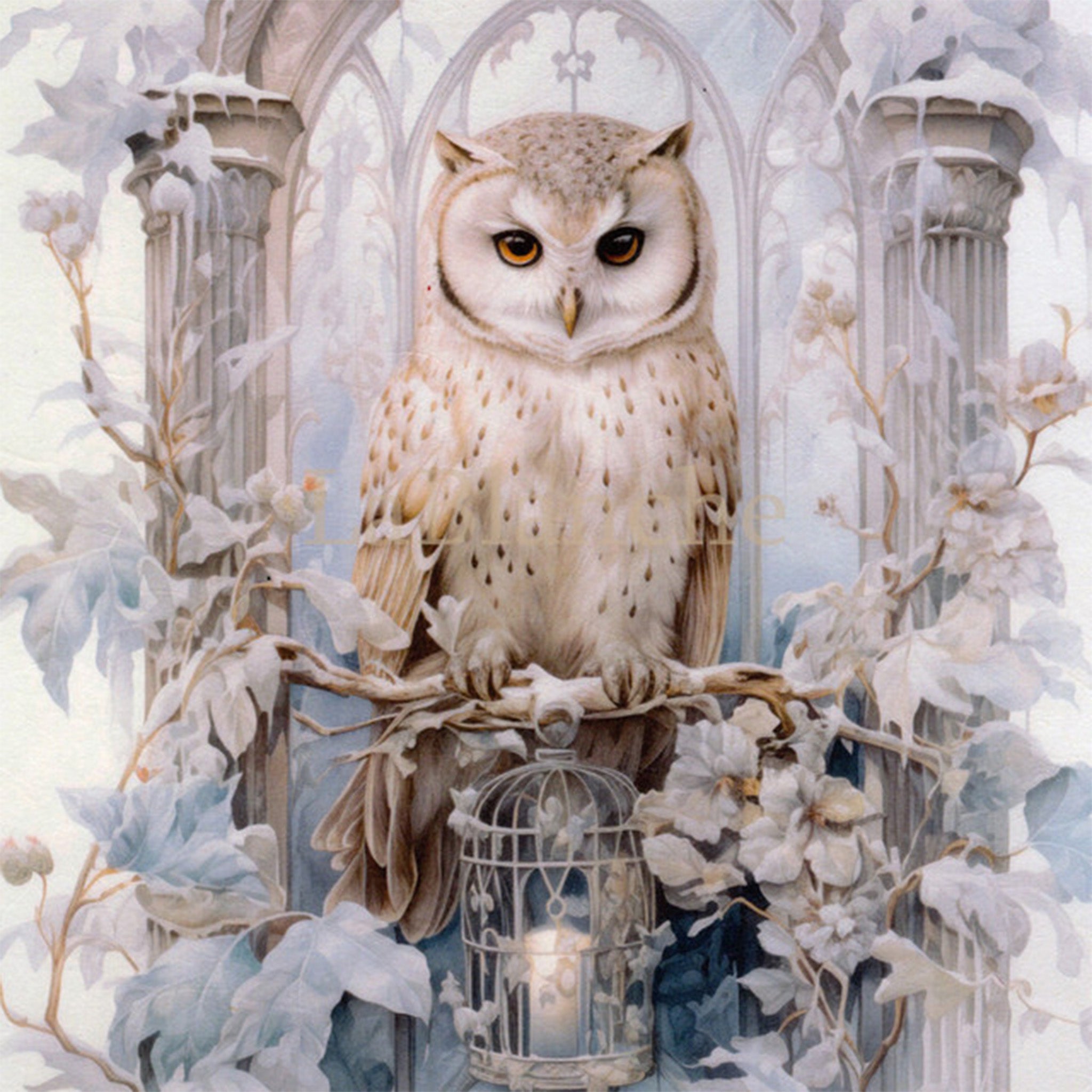 Close-up of a rice paper design that features a majestic owl perched on a snow-covered archway. 