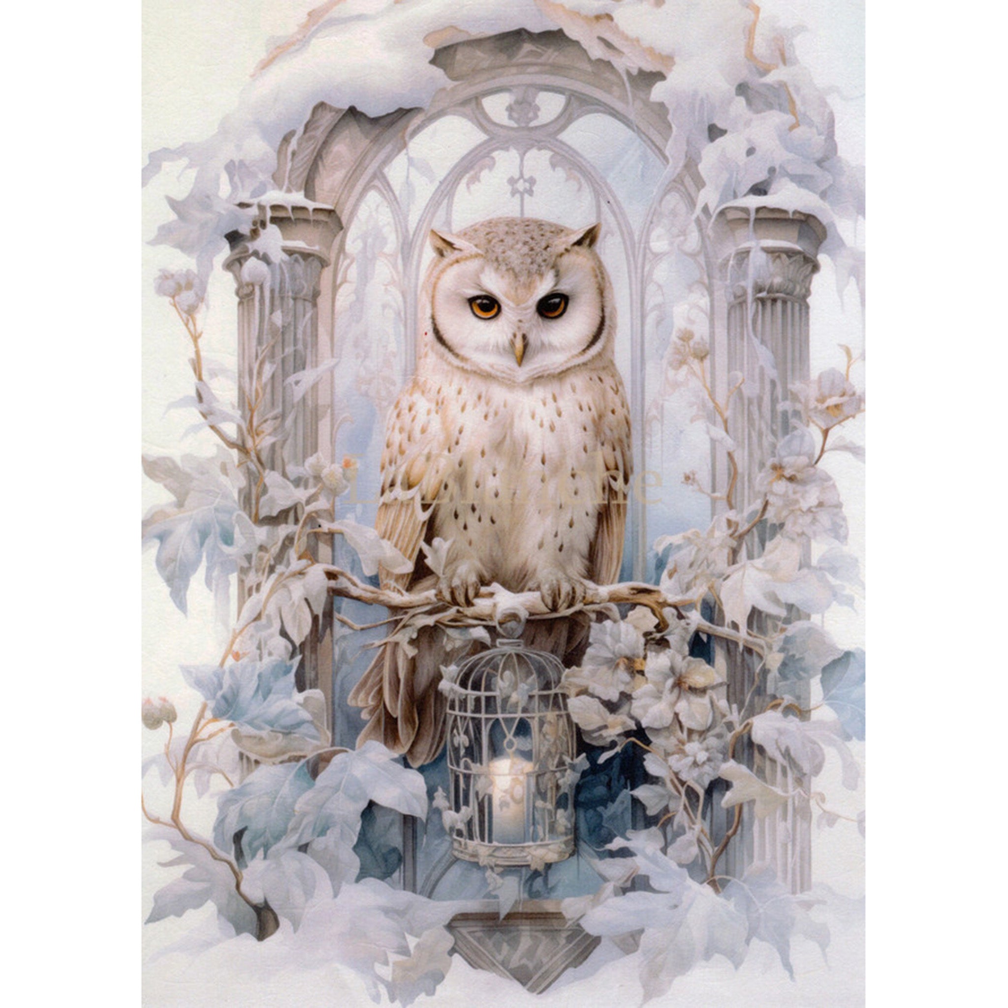 Rice paper design that features a majestic owl perched on a snow-covered archway. White borders are on the sides.