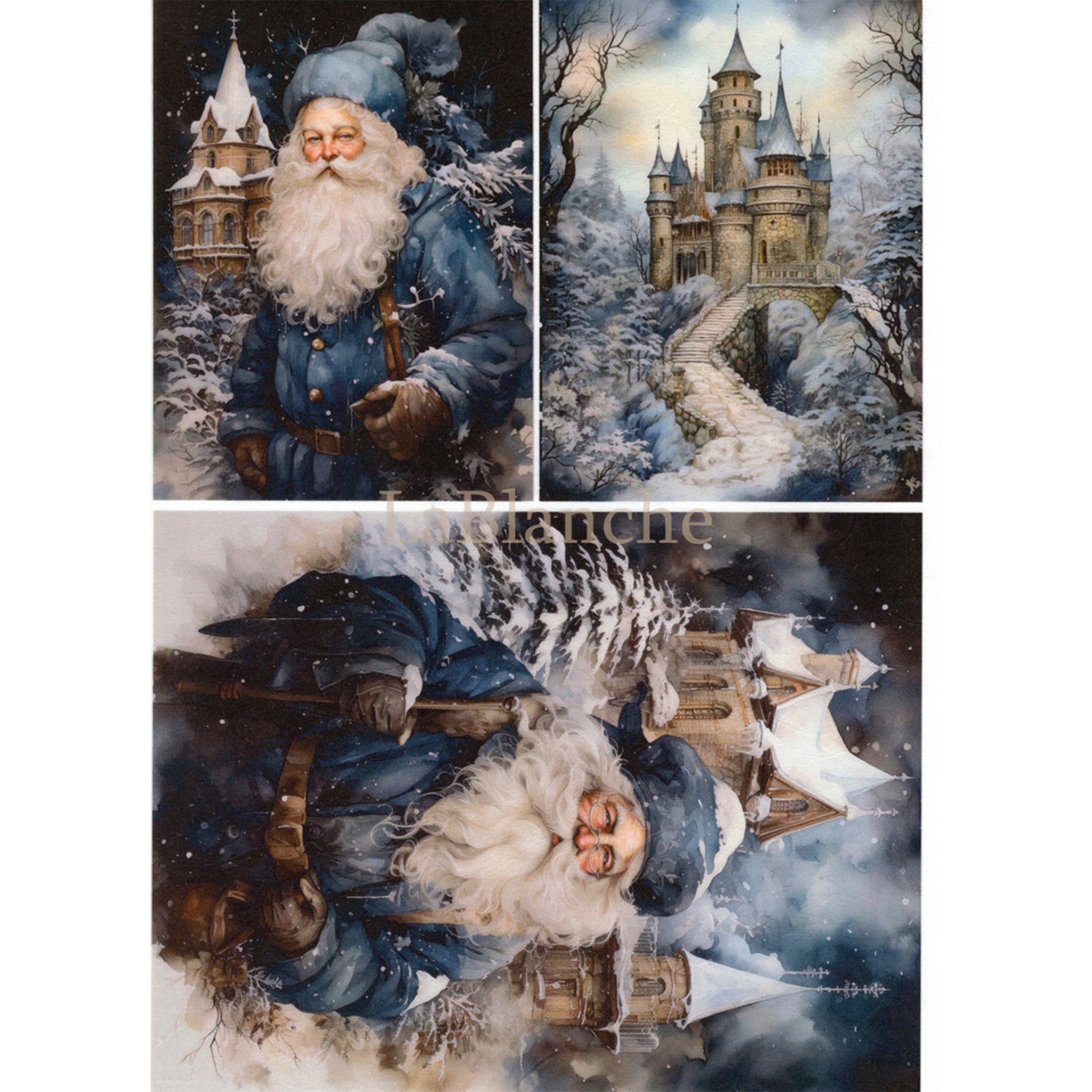 Rice paper design that features two designs of Santa dressed in blue in front of a wintery castle setting and a third design of a castle perched on a snowy hill. White borders are on the sides.