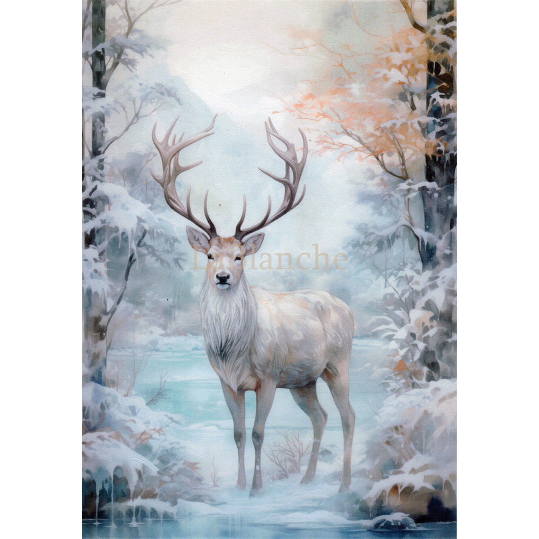 Rice paper design that features a majestic deer walking through a wintry forest scene. White borders are on the sides.