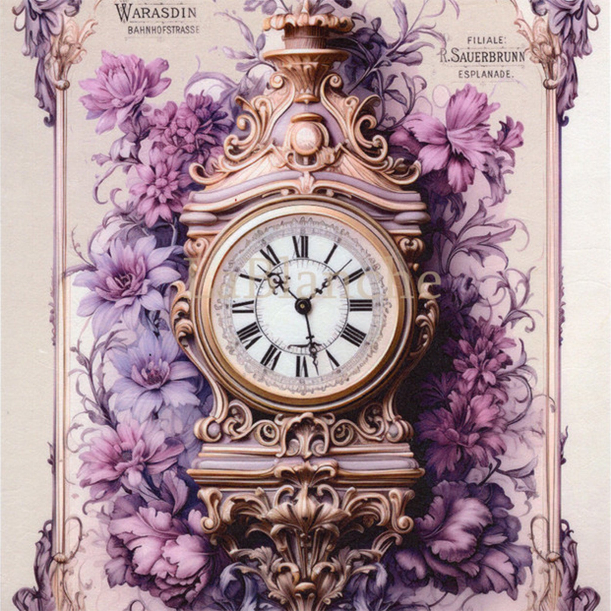 Close-up of a rice paper design featuring a beautifully designed ornate clock and clusters of delicate purple flowers set against the backdrop of a vintage poster. 