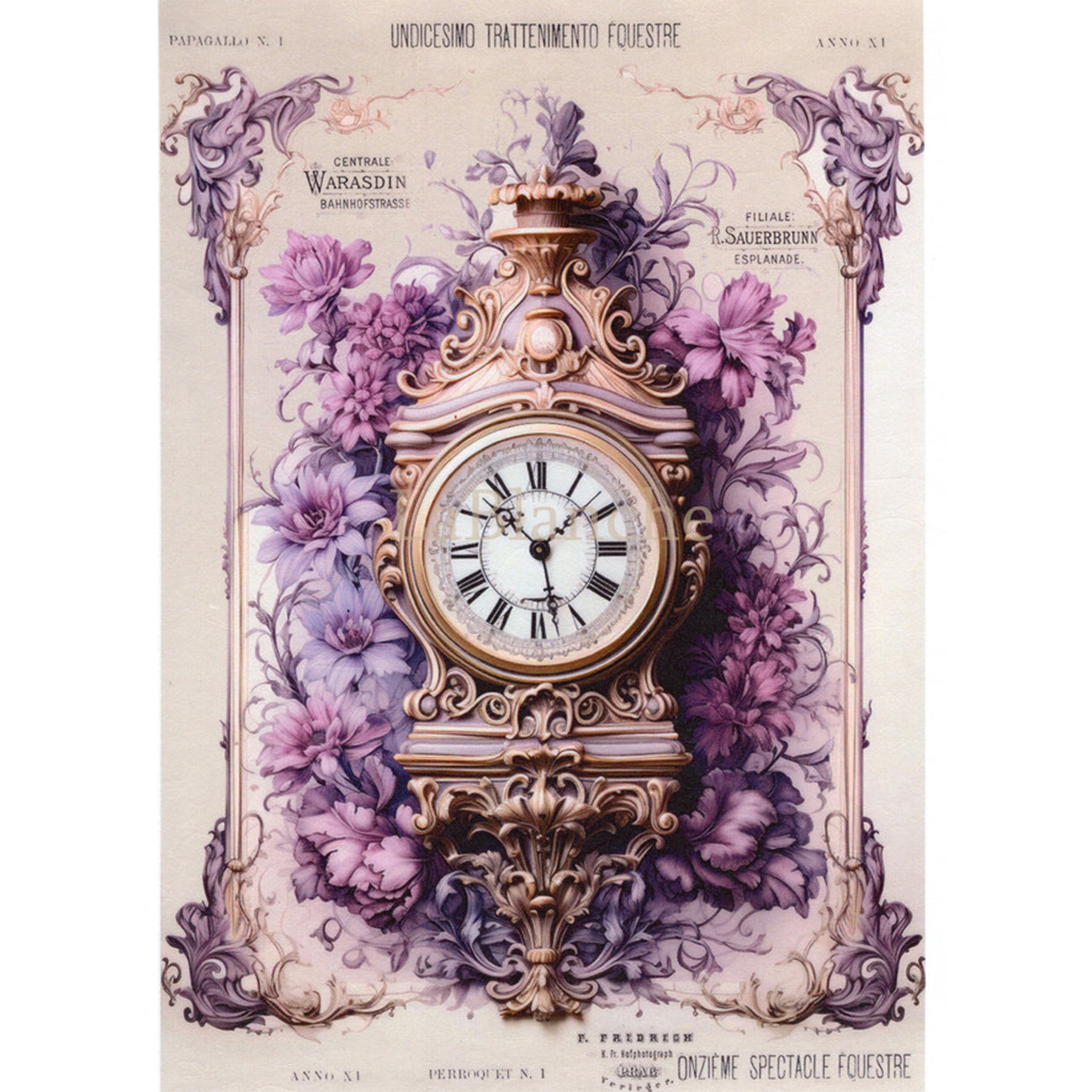 Rice paper design featuring a beautifully designed ornate clock and clusters of delicate purple flowers set against the backdrop of a vintage poster. White borders are on the sides.