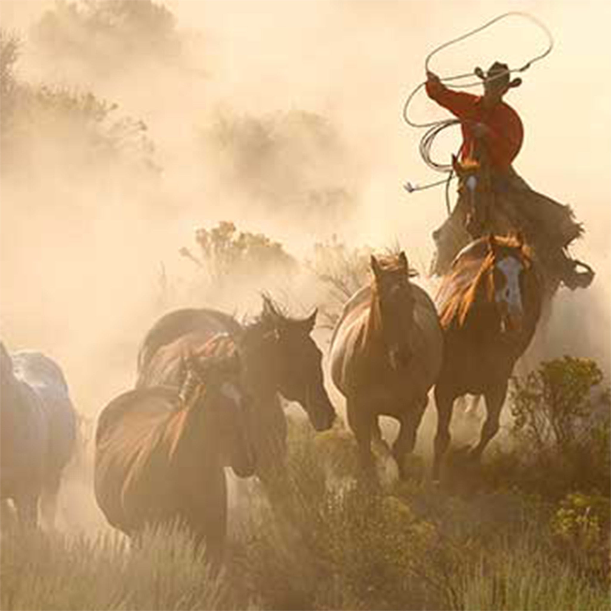 Close-up of a rice paper design featuring a cowboy on horseback lassoing a herd of wild horses in a dusty landscape.