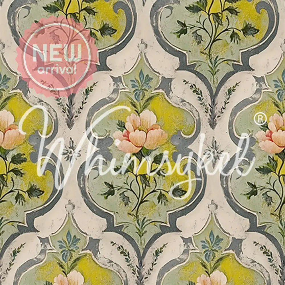 Close-up of a tissue paper featuring a soft pink floral design in a damask-style repeating pattern in vintage green and yellow hues.