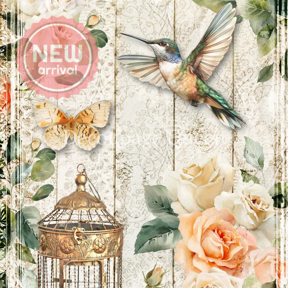 Close-up of a rice paper featuring a charming hummingbird, fluttering butterfly, and elegant gold bird cage with soft peach and white roses