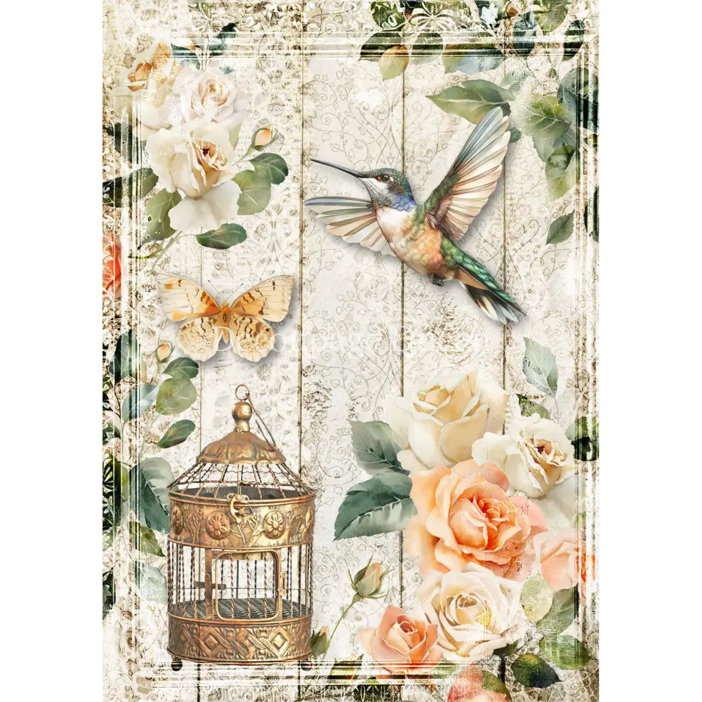 Rice paper featuring a charming hummingbird, fluttering butterfly, and elegant gold bird cage with soft peach and white roses. White borders are on the sides.